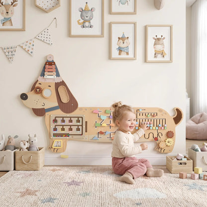Tableau d'activités mural en bois, Panneau sensoriel Montessori, Teckel, Tout-petit