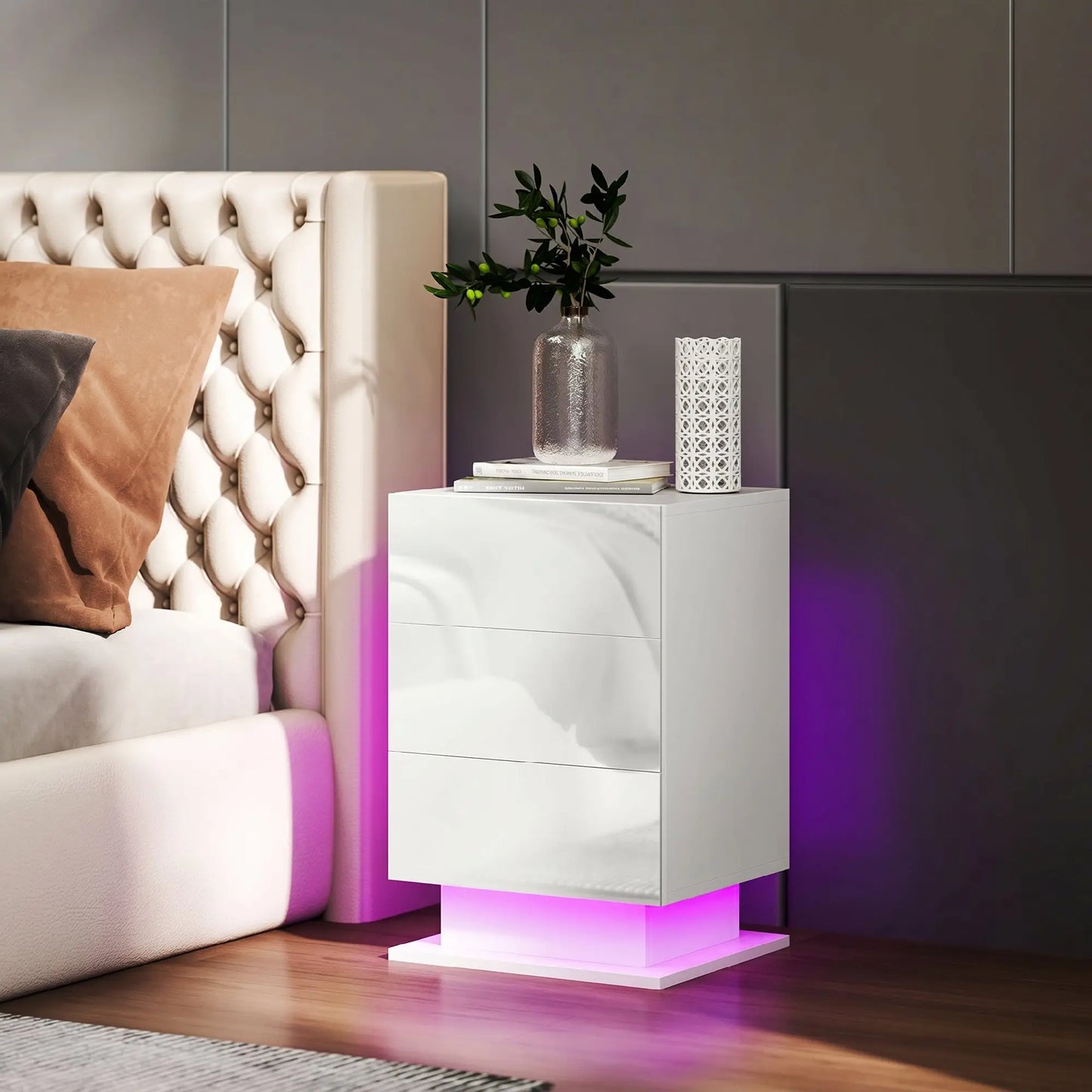 LED Nightstand with 3 Drawers, APP Control, White