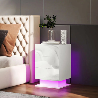 LED Nightstand with 3 Drawers, APP Control, White
