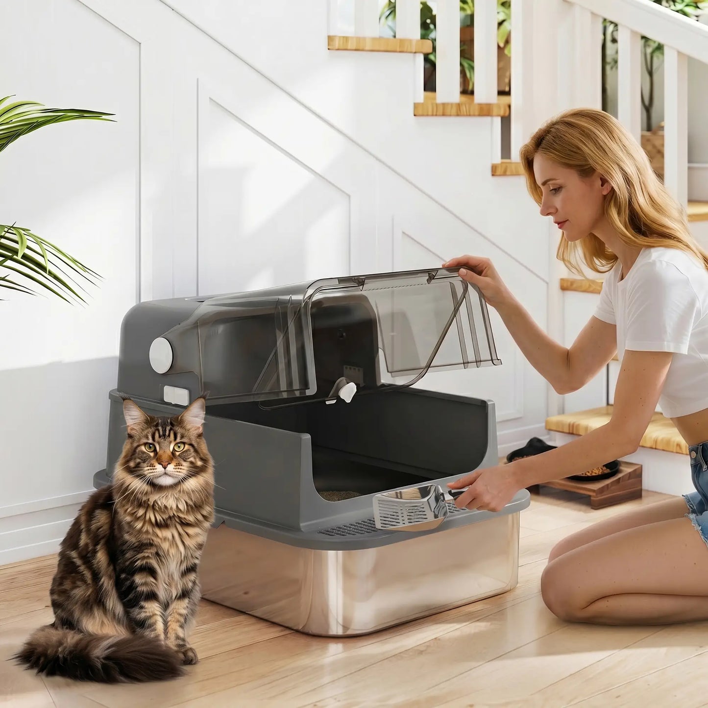 Bac à litière pour chat en acier inoxydable XXL, fermé, côtés hauts, noir