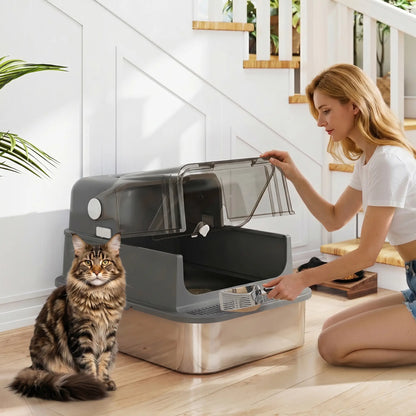 Bac à litière pour chat en acier inoxydable XXL, fermé, côtés hauts, noir