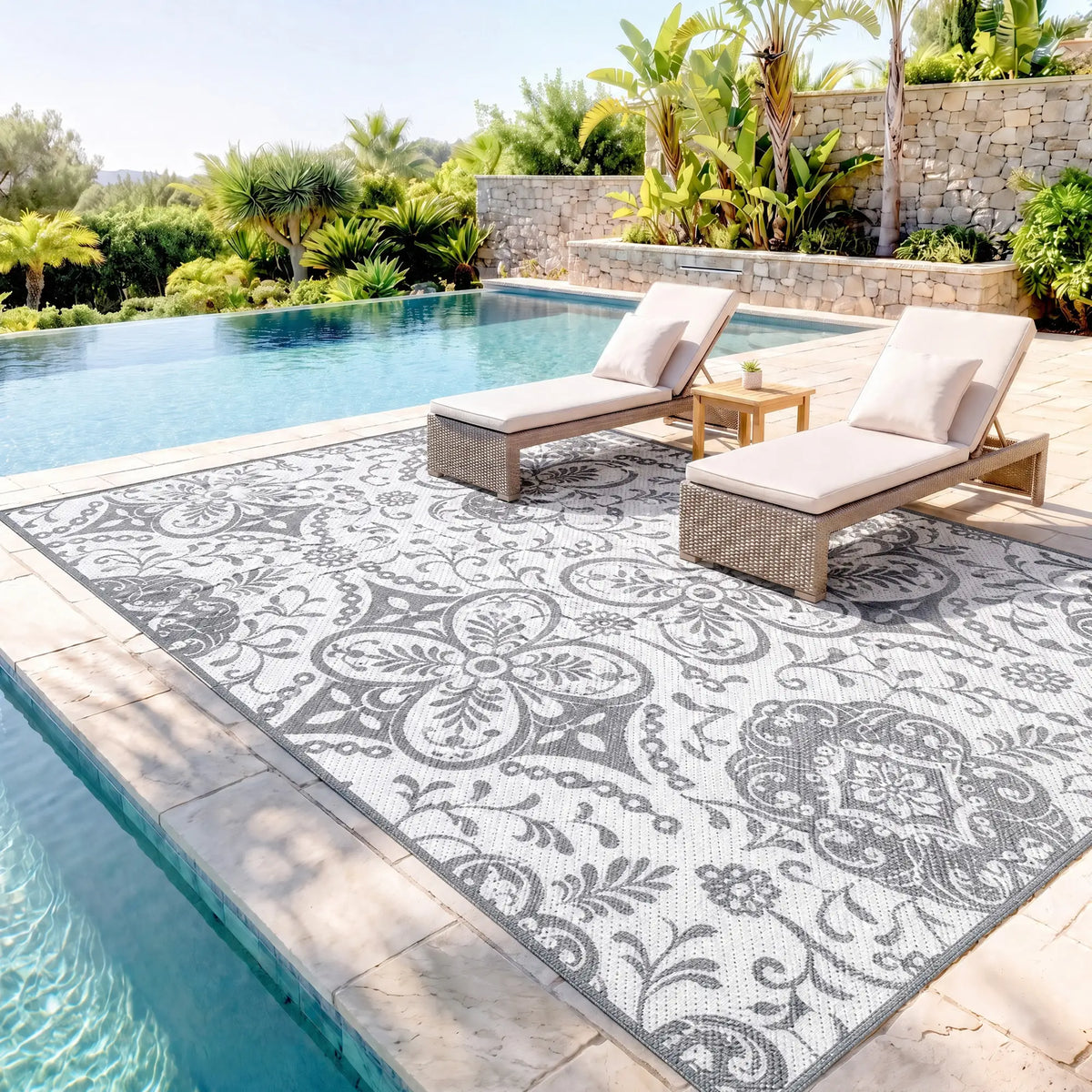 Tapis Extérieur Portable, 9' x 12', Imperméable, Fleur Blanche, Gris