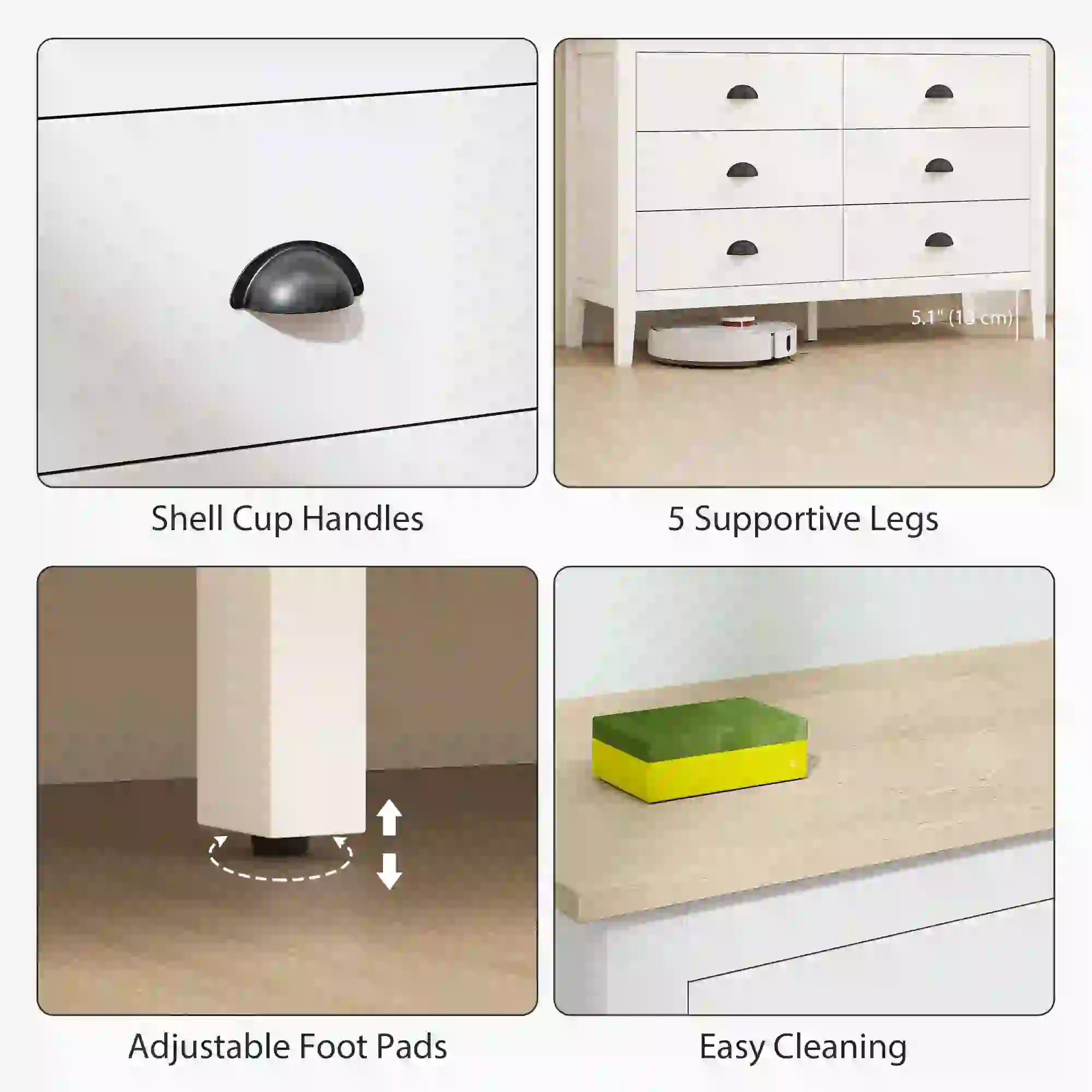 6 Drawer Dresser with Quiet Slides, Modern for Bedroom, White Storage Cabinets at Gallery Canada