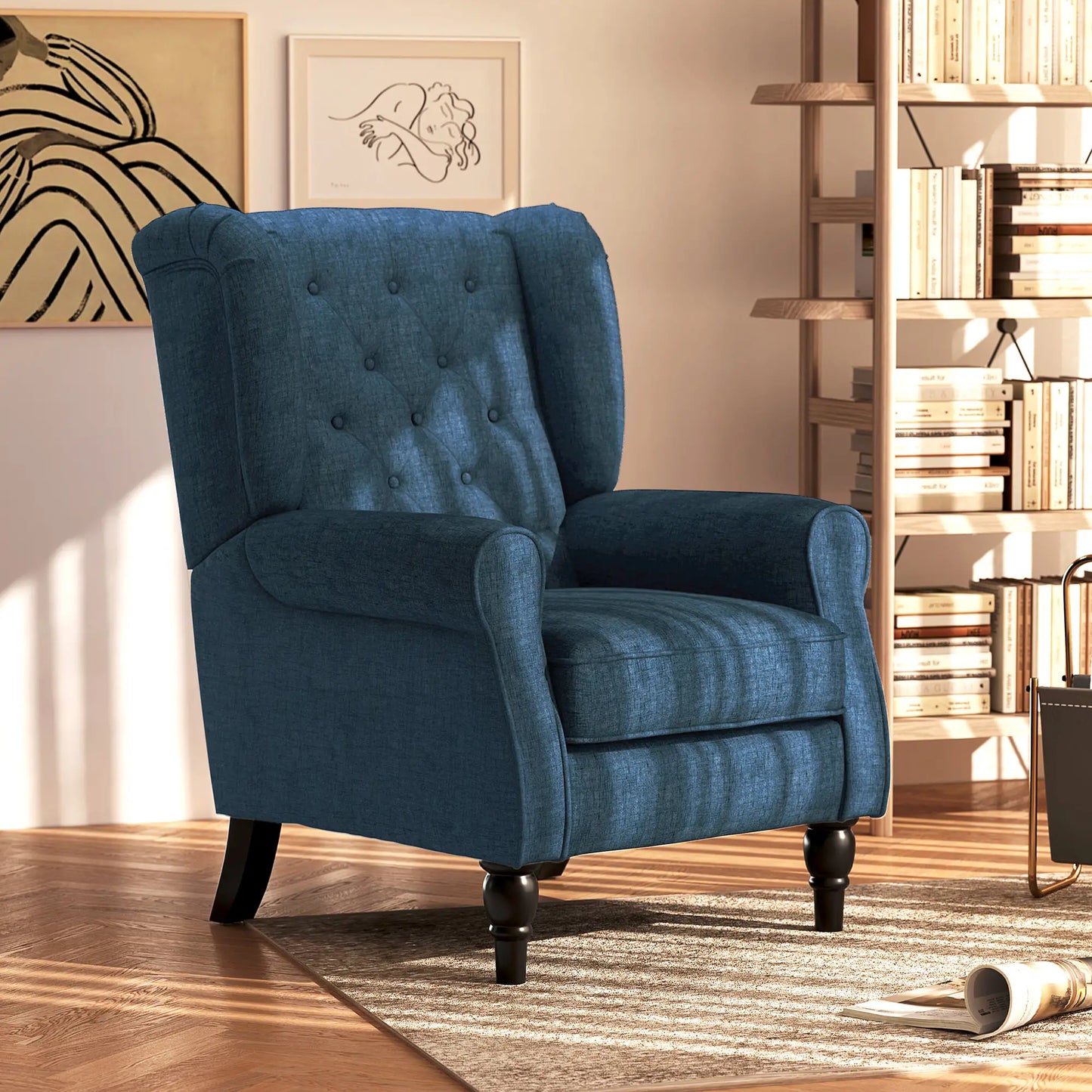 Fabric Accent Chair, Button Tufted Armchair, Upholstered with Wood Legs, Blue Single Sofas at Gallery Canada