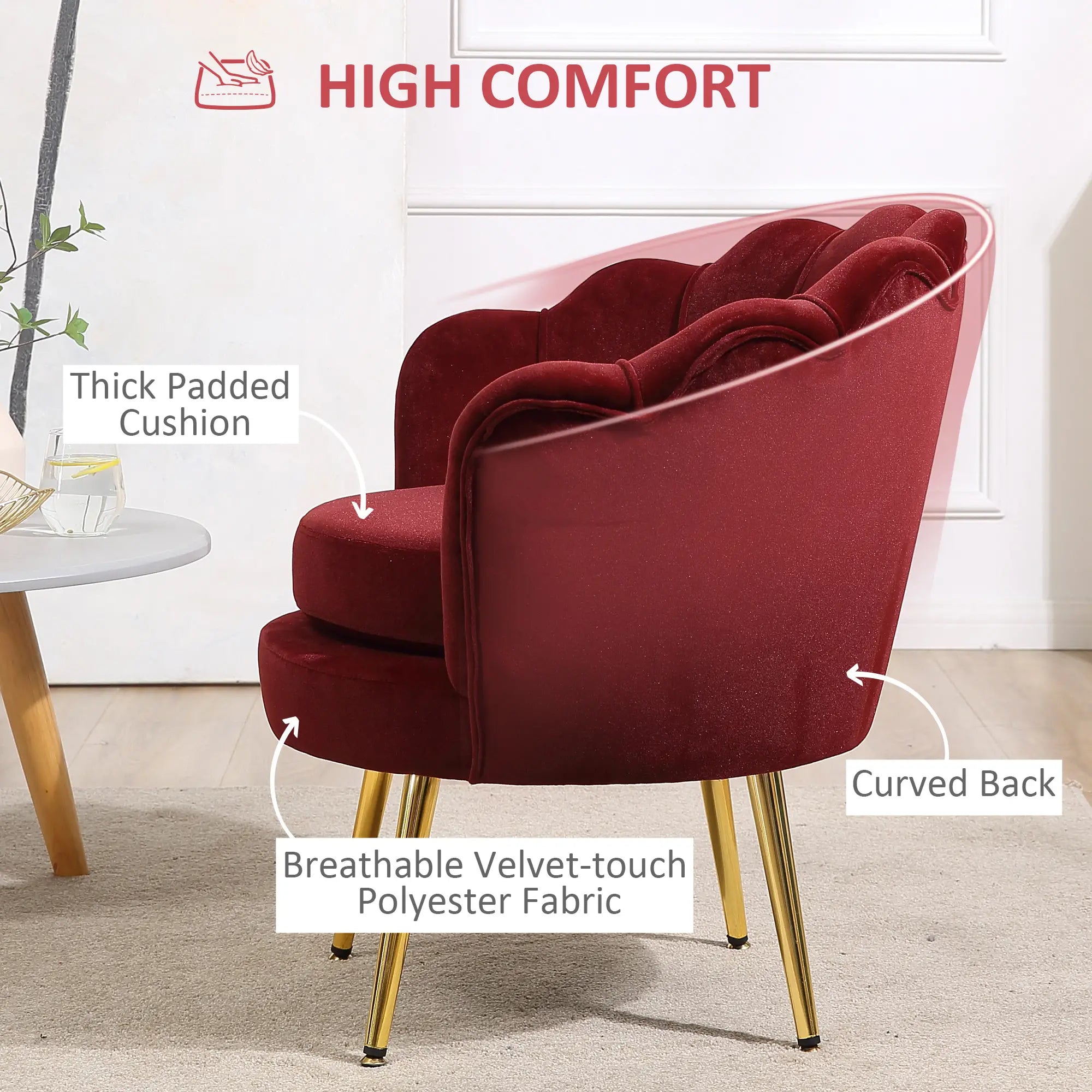 Modern Velvet Accent Chair, Gold Metal Legs, Wine Red Accent Chairs at Gallery Canada