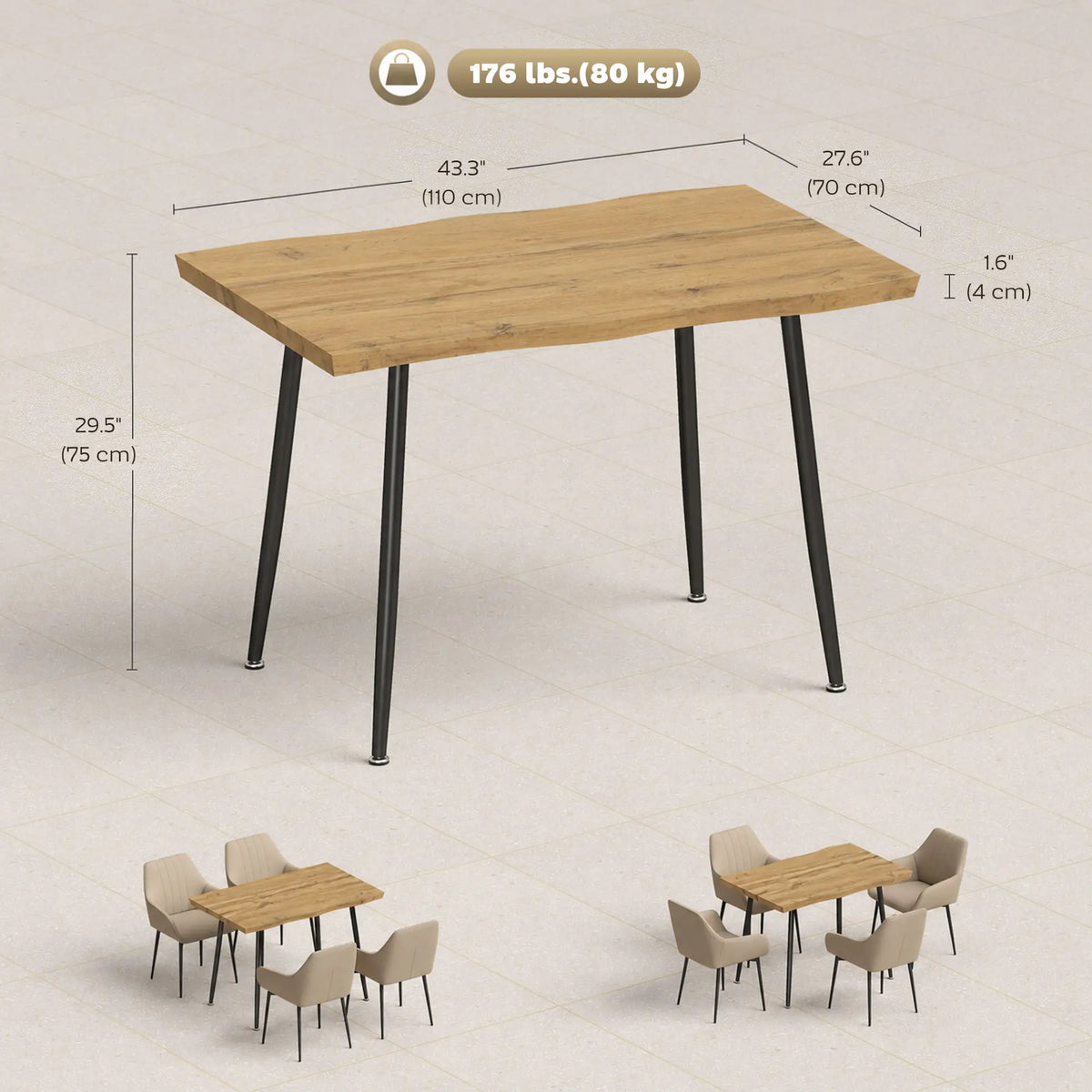 Modern Nordic Dining Table Seats 4, Oak Grain Black 43.3" x 27.6" x 29.5", Black