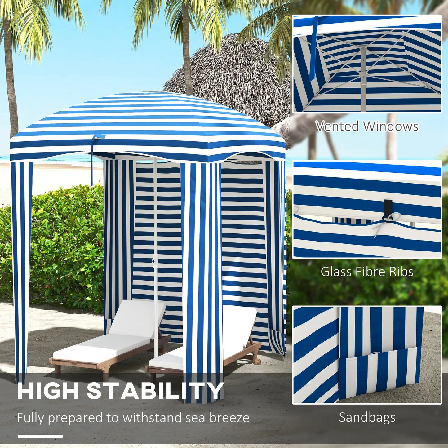 70.1" L x 70.1" W Cabana Umbrella With Walls, Vents, Ruffles, Carry Bag, Blue White Stripe