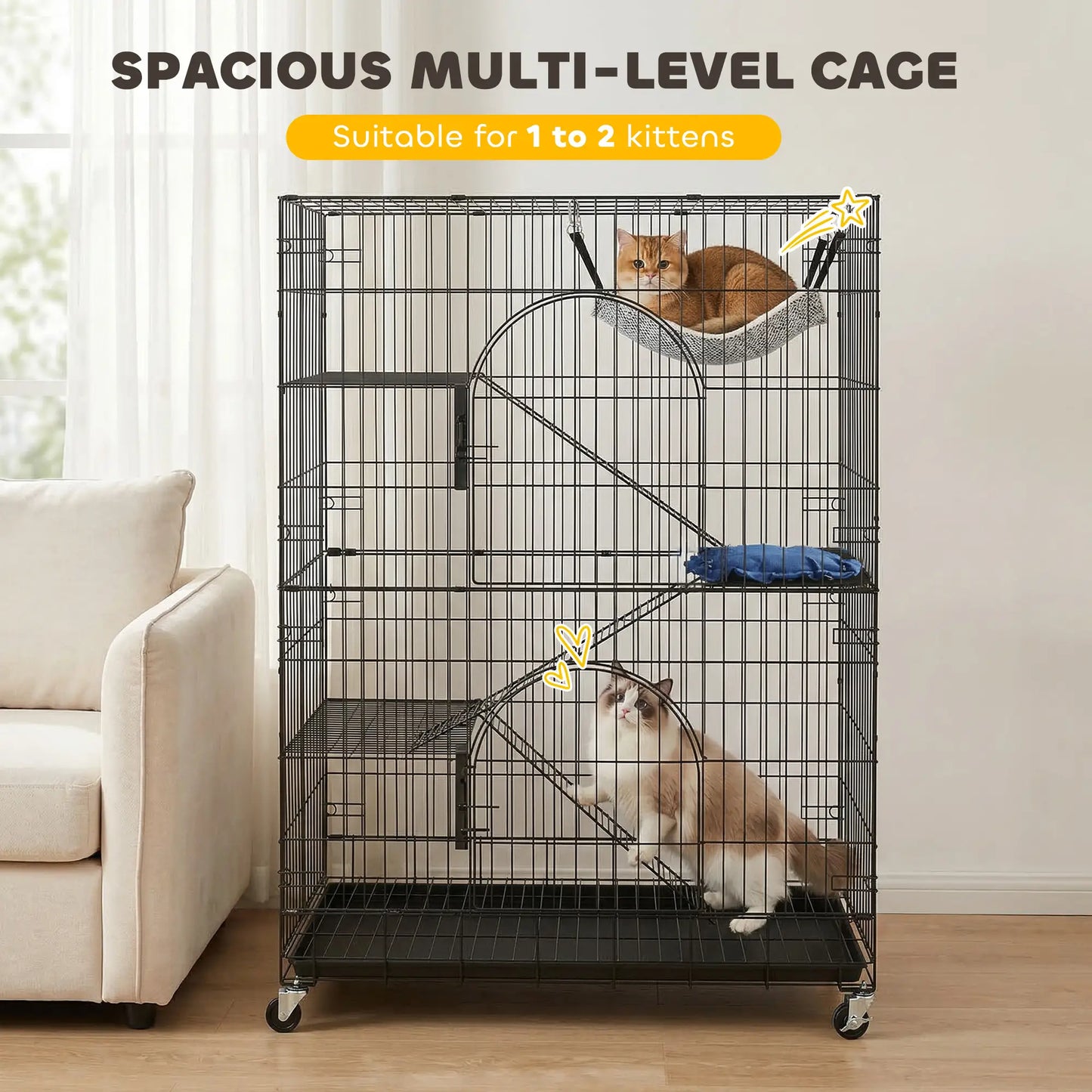 4-Tier Cat Cage, Large Enclosure with Lockable Wheels, Tray, Hammock Outdoor Cat Enclosures at Gallery Canada