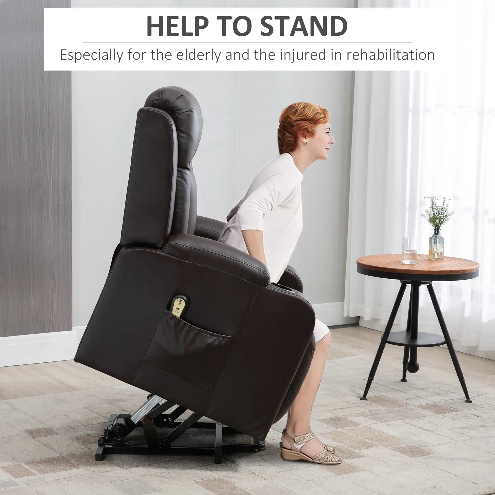 Electric Power Lift Chair, PU Leather Recliner Sofa with Footrest, Remote Control and Cup Holders, Brown Electric Power Lift Chairs at Gallery Canada