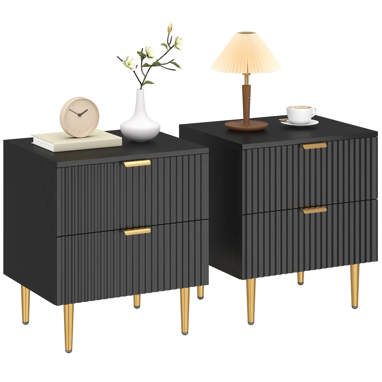 Modern Nightstand Set of 2, 2 Drawers, Metal Legs, Black Bedside Tables at Gallery Canada