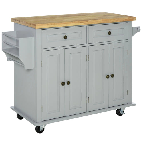 Kitchen Island with Storage, Rolling Cart, Rubber Wood Top, Grey