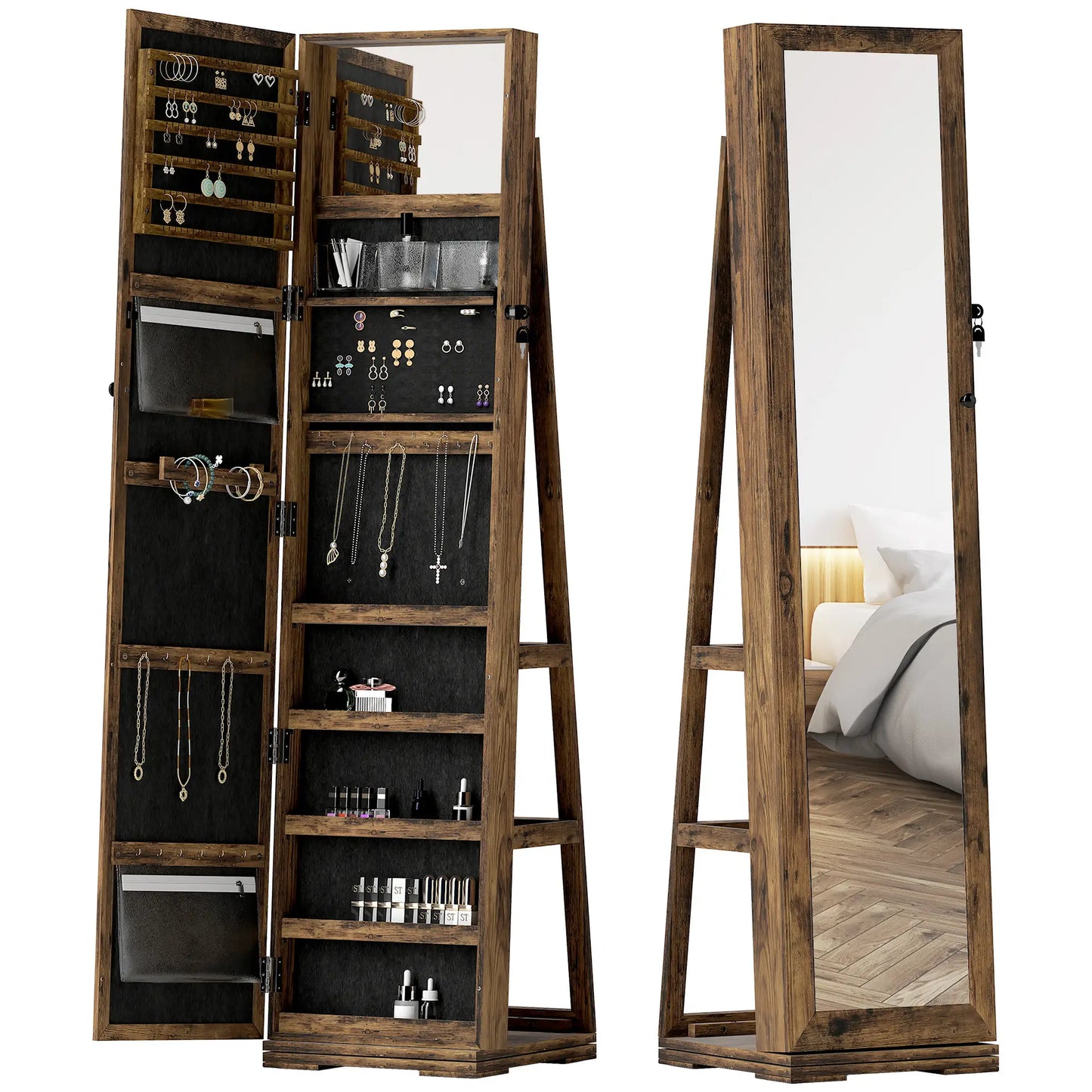 360° Swivel Jewelry Armoire, Lockable Mirror Cabinet, Rustic Brown Jewelry Armoire & Jewellery Mirror Cabinets Rustic Brown at Gallery Canada