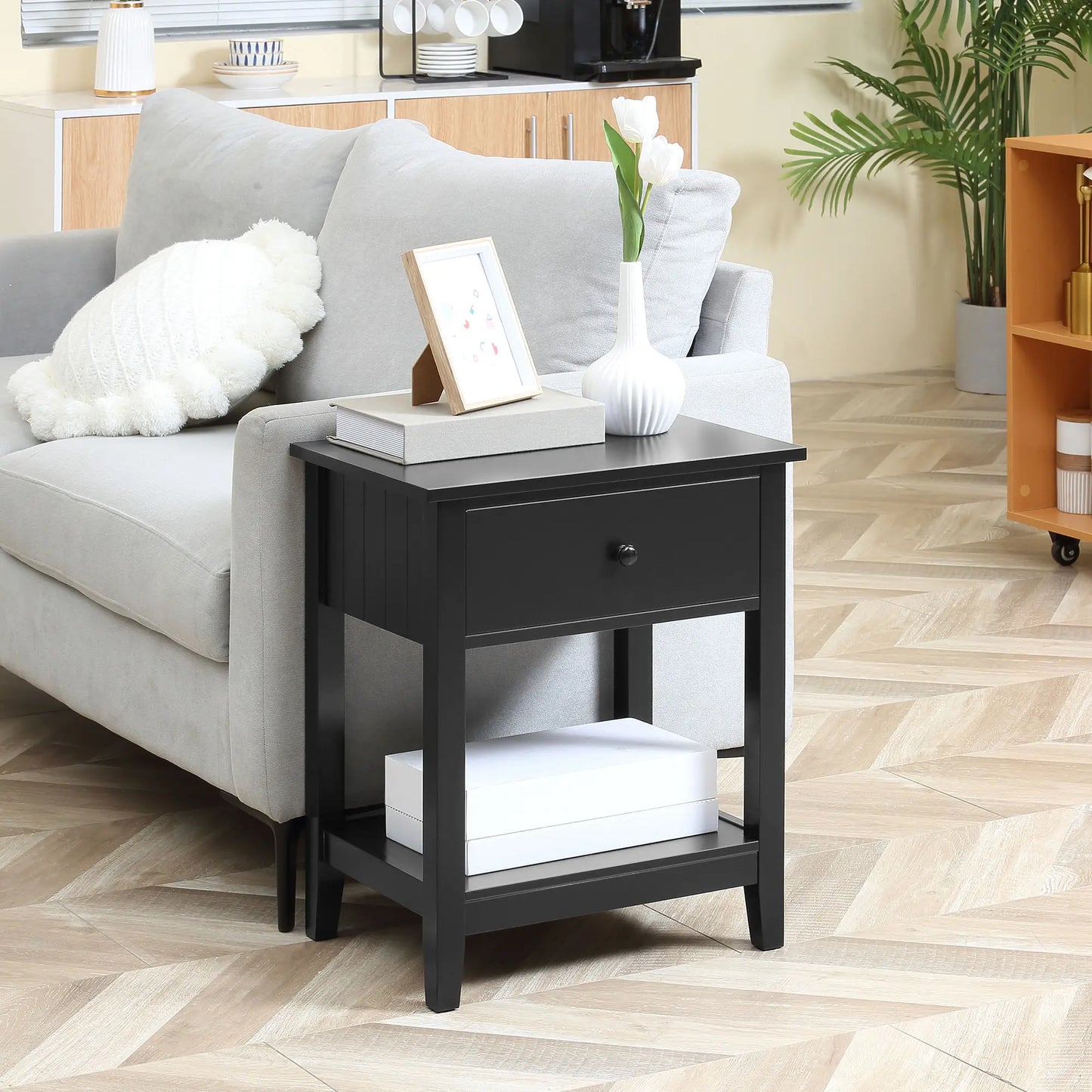 Modern Nightstand, Small End Table with Drawer, Storage Shelf, Black Side Tables at Gallery Canada