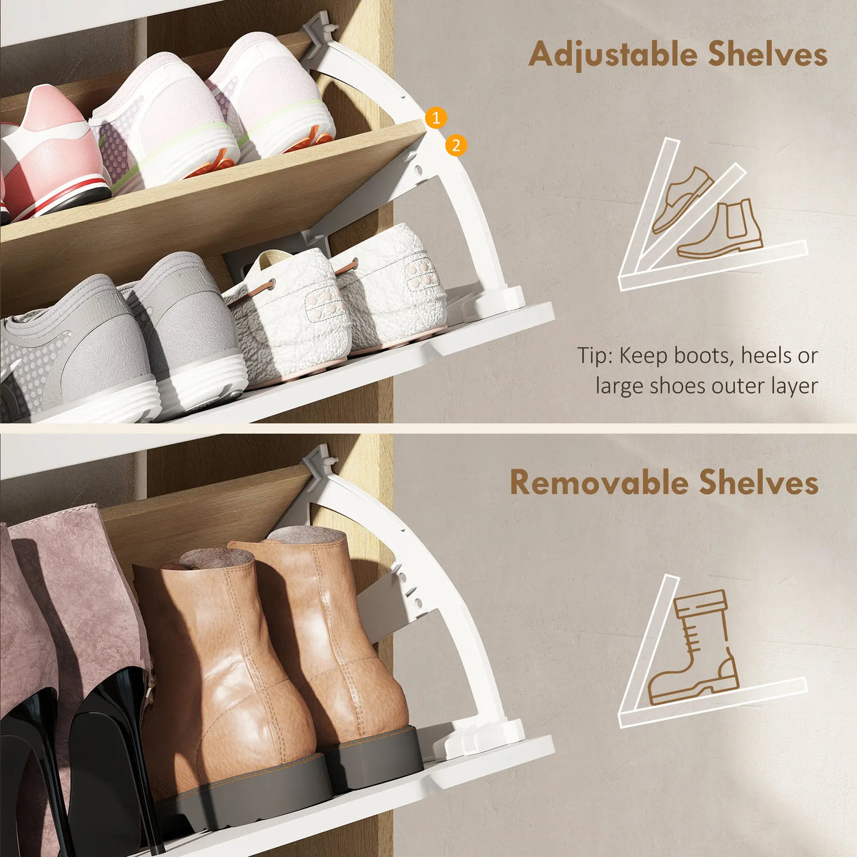 Narrow Shoe Cabinet, 2 Flip Drawers, Adjustable Shelves, White Shoe Storage Cabinets & Racks at Gallery Canada