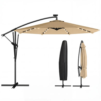 9.7ft Solar LED Cantilever Patio Umbrella, 32 Lights, Cross Base, Crank Handle, Khaki Offset Cantilever Umbrellas at Gallery Canada