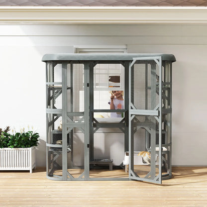 71" Wooden Cat Enclosure, With Platforms And Condos, Grey Outdoor Cat Enclosures at Gallery Canada