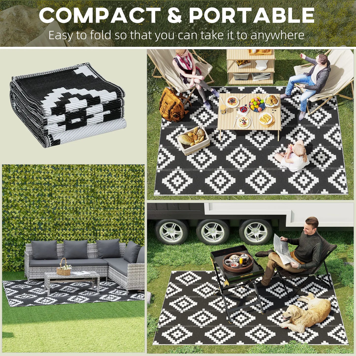 Reversible Outdoor RV Rug, 6' x 9', Patio Mat, Black & White Garden Decor at Gallery Canada