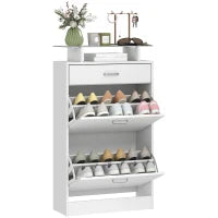 Armoire à chaussures fine, 2 tiroirs basculants, étagères réglables, dessus en verre