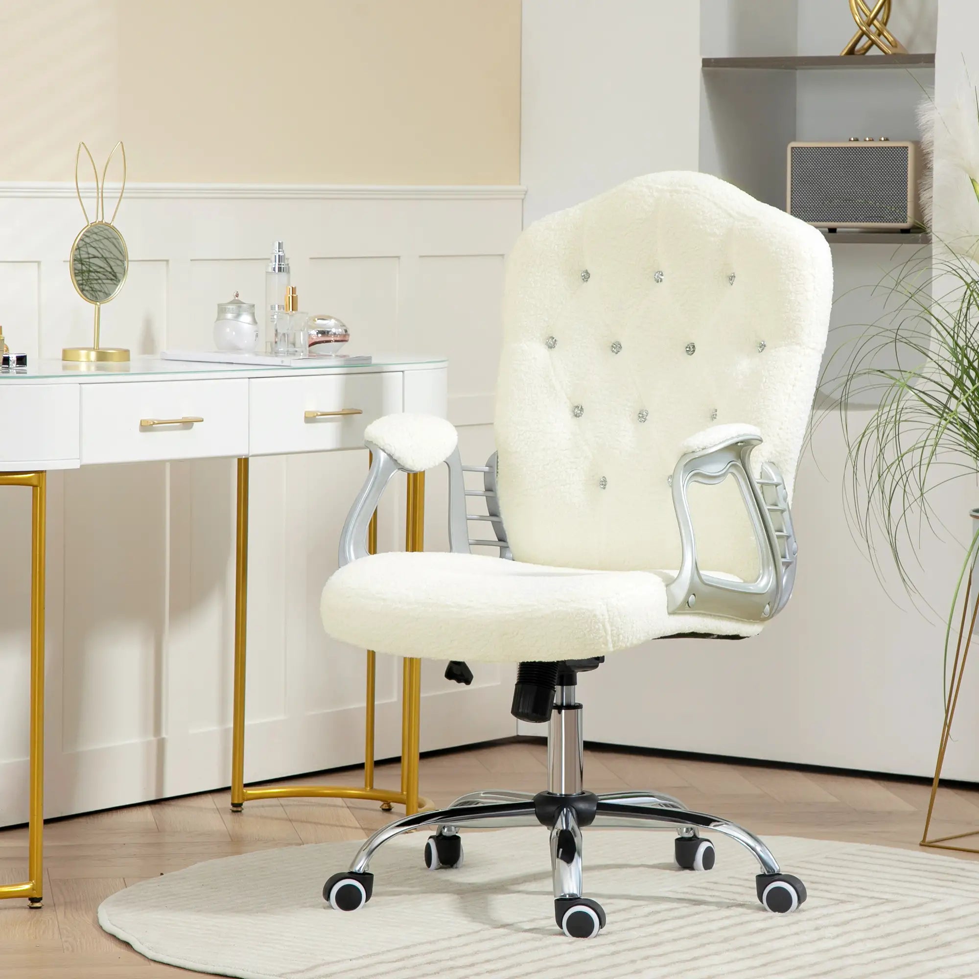Teddy Fleece Computer Chair, Button Tufted, Swivel Wheels, Adjustable Height, White Executive & Manager Chairs at Gallery Canada