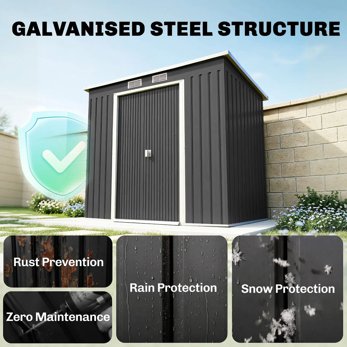 7 x 4ft Abri de Jardin en Acier Galvanisé, Kit de Fondation, Gris Foncé