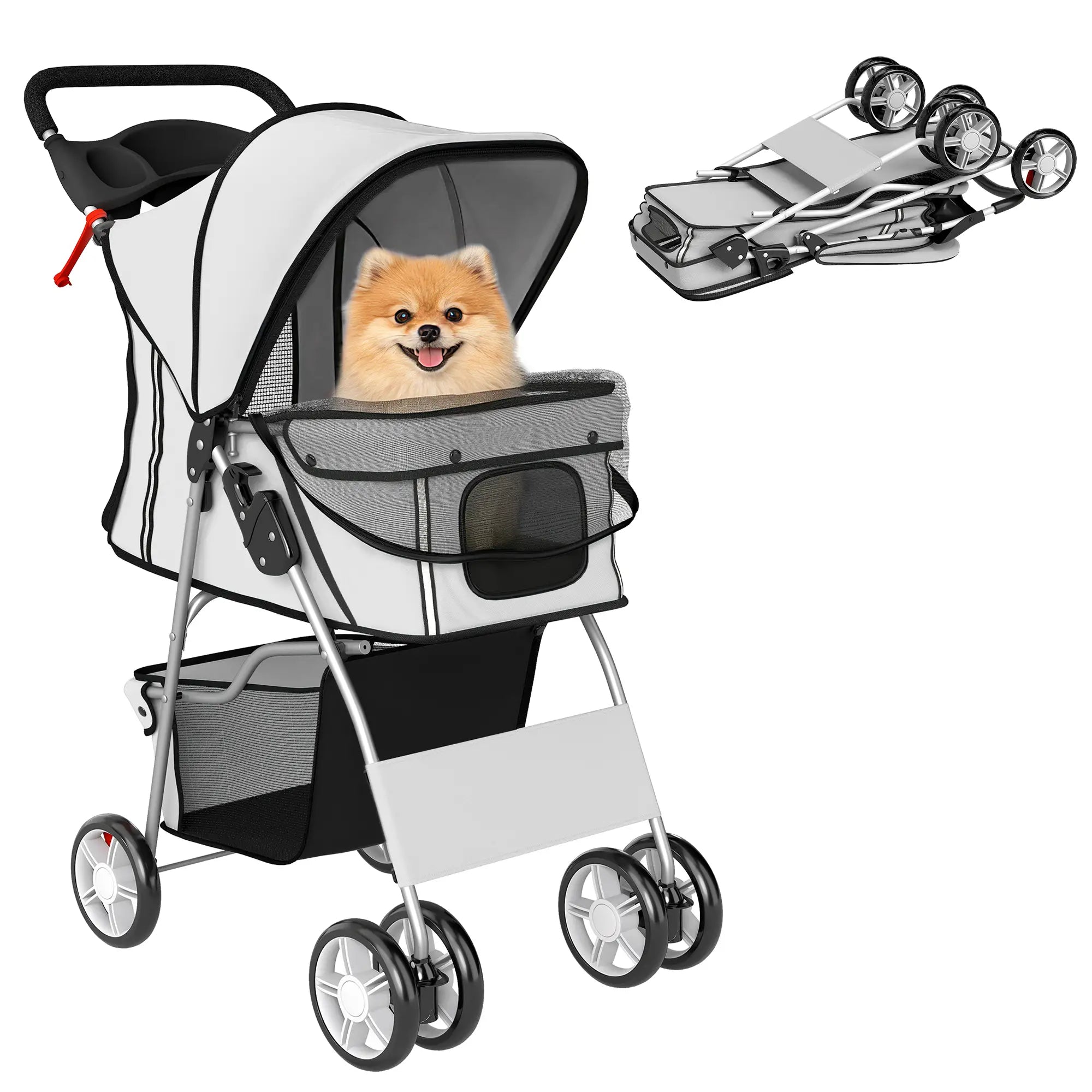 Foldable Pet Stroller, With Wheels, Reflective Strips, Brake, Pad, Basket, Grey Dog Bike Trailers & Strollers at Gallery Canada