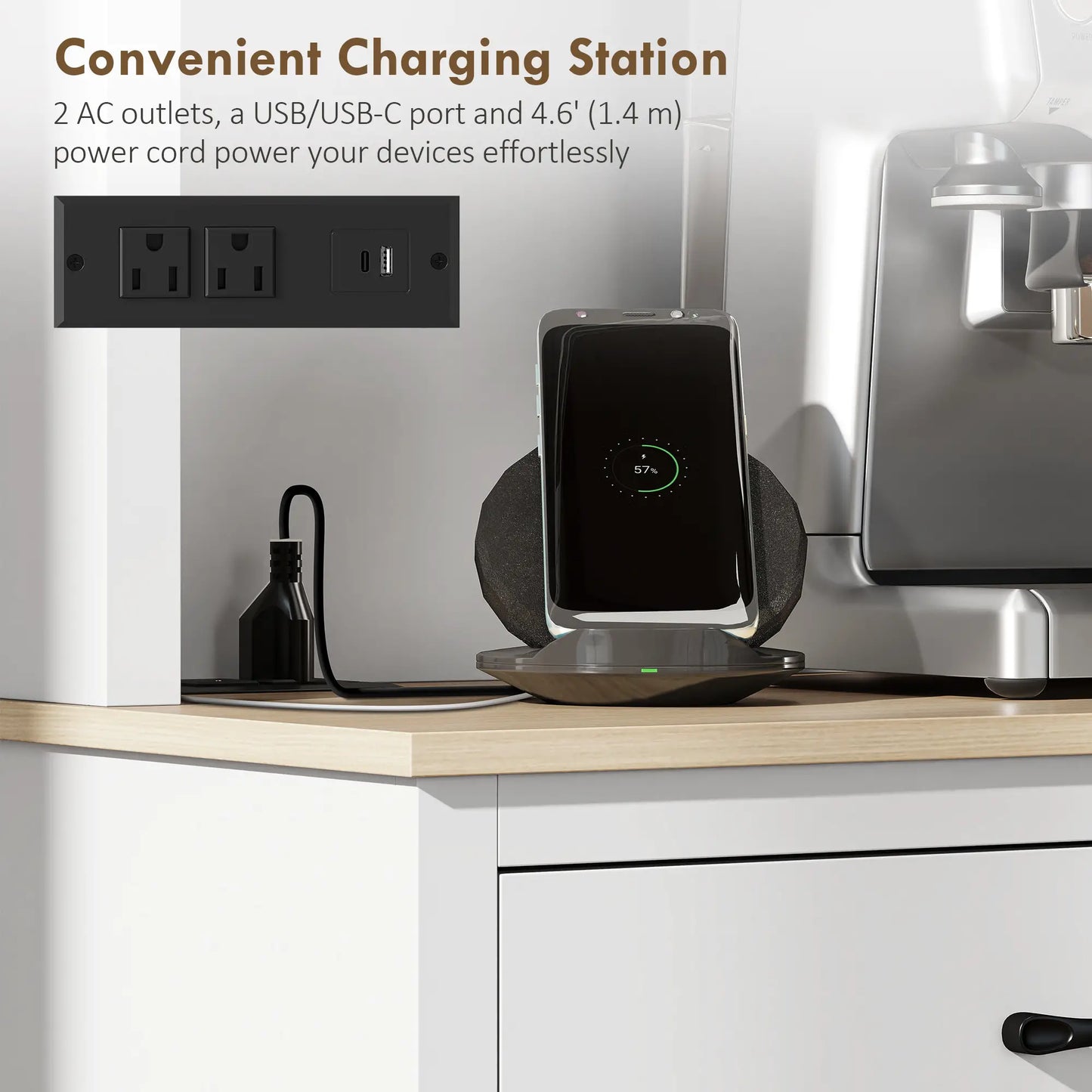 69" Pantry Cabinet With Charging Station, Microwave Stand, Tilt-Out Trash Can, White Kitchen Pantry Cabinets at Gallery Canada