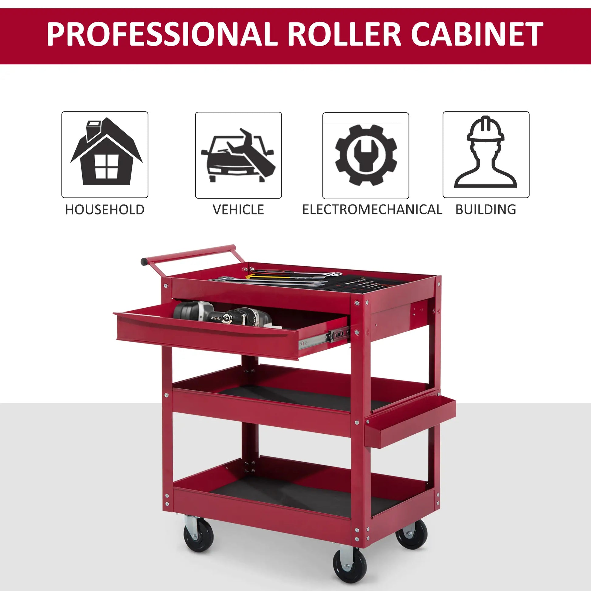 3-Tier Rolling Tool Cart, Drawer and Side Box, 132 LBS Capacity, Red Tool Organizers at Gallery Canada