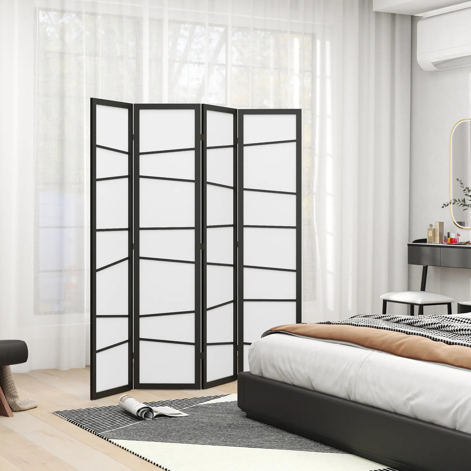 5.6ft Folding Room Divider, 4 Panel Wood Frame, White Room Dividers at Gallery Canada