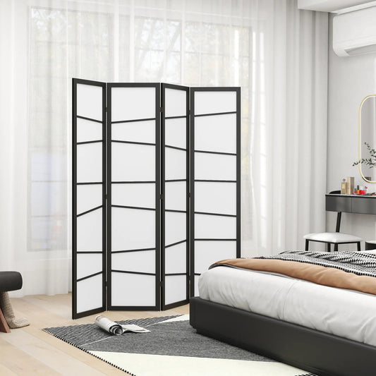 5.6ft Folding Room Divider, 4 Panel Wood Frame, White Room Dividers White, Black at Gallery Canada