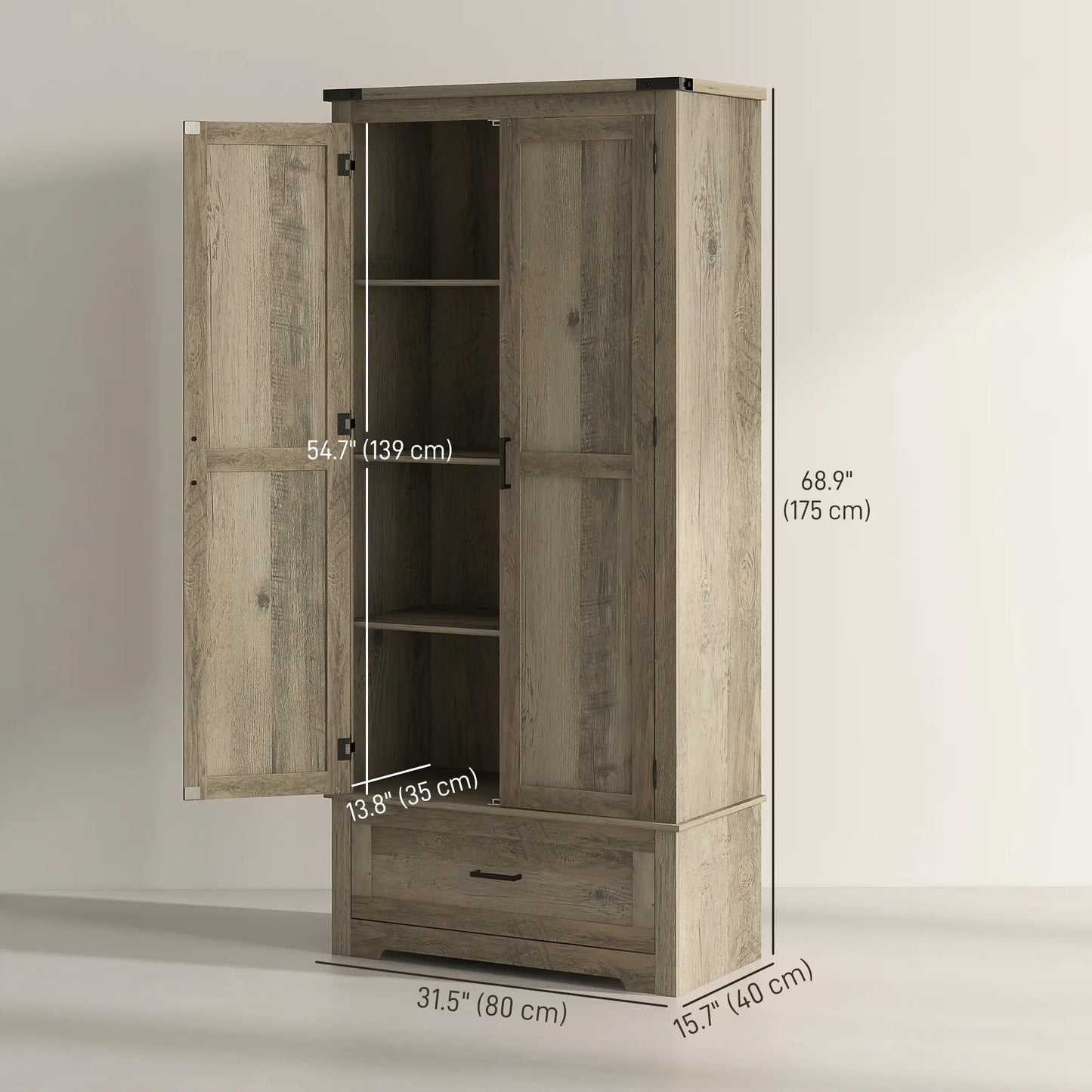 69" Tall Farmhouse Kitchen Pantry, 2 Doors, Drawer, Adjustable Shelves, Grey Kitchen Pantry Cabinets at Gallery Canada
