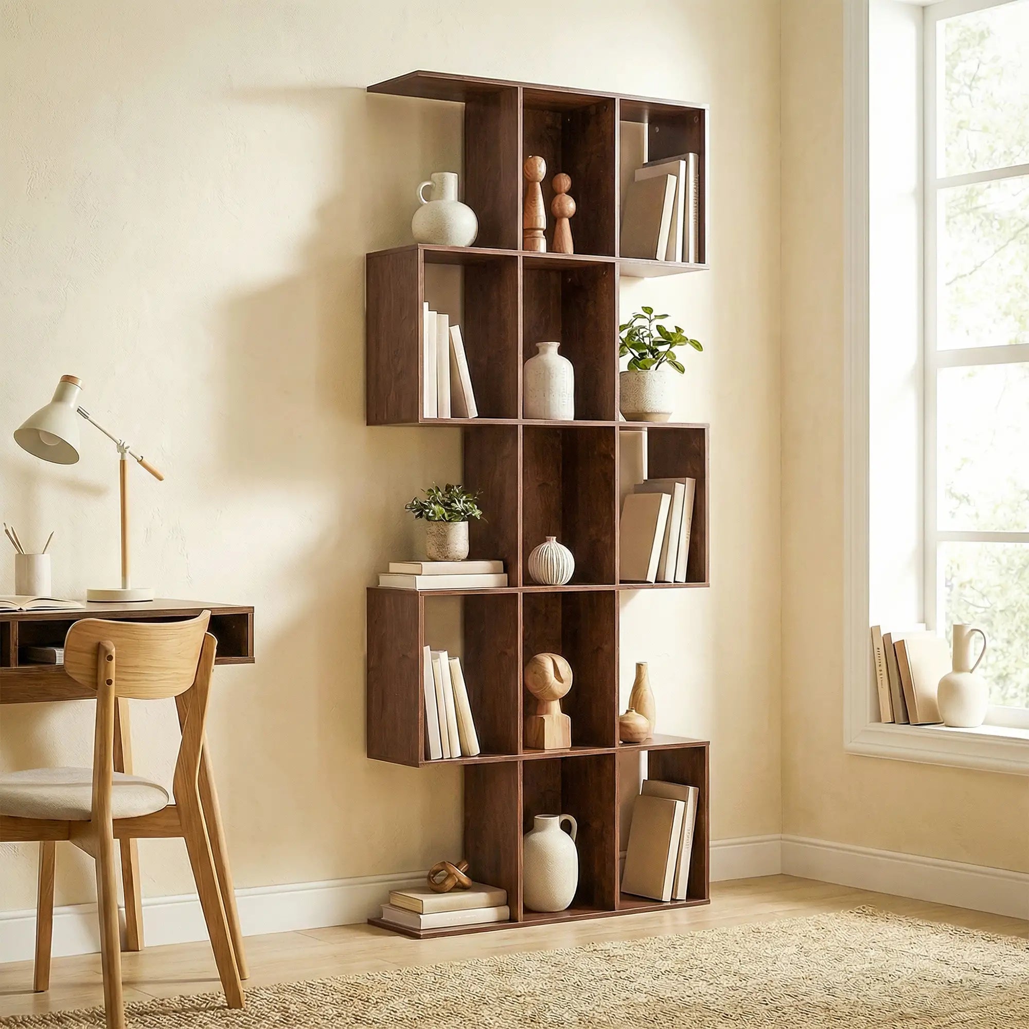 5-Tier S Shaped Geometric Bookshelf, 15 Compartments, Black Wood Grain, Black Display Bookshelves at Gallery Canada