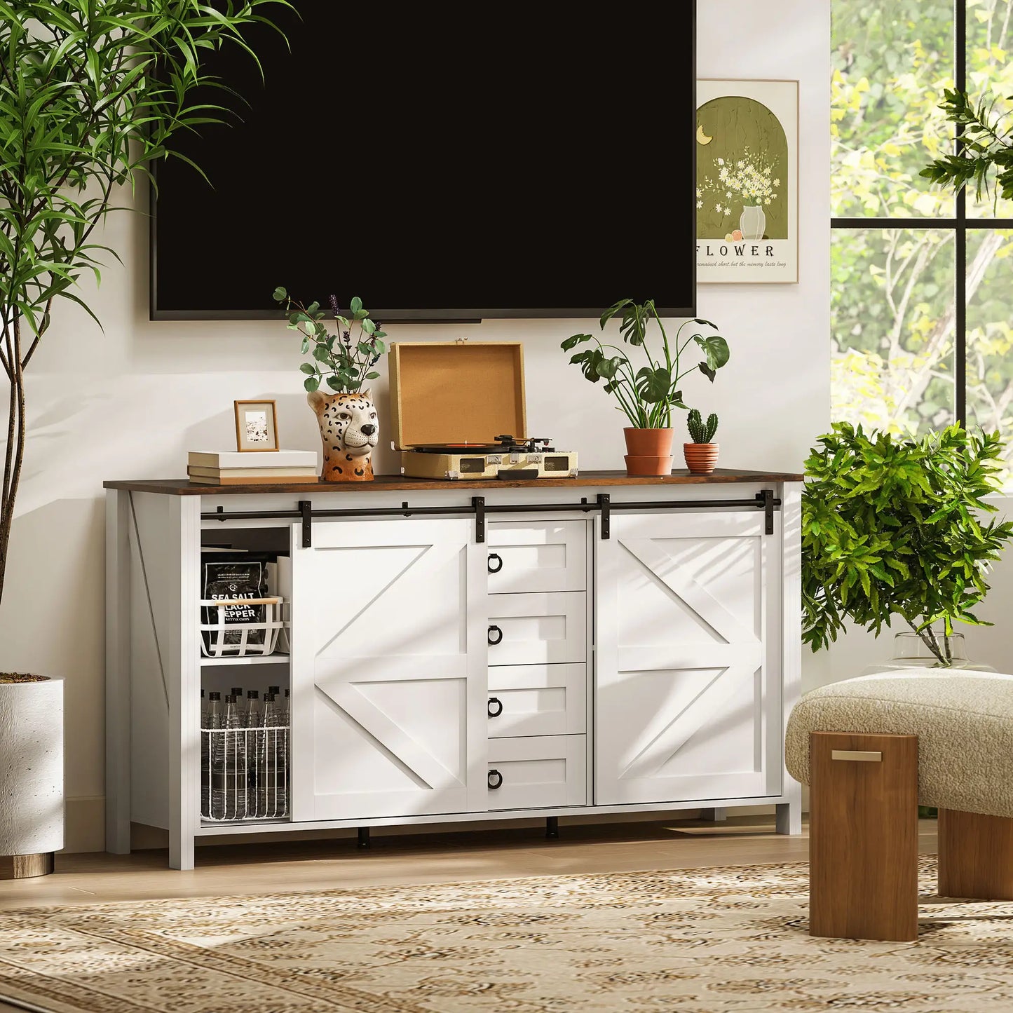 60" Buffet Cabinet, Farmhouse Sideboard, Cream White Bar Cabinets at Gallery Canada