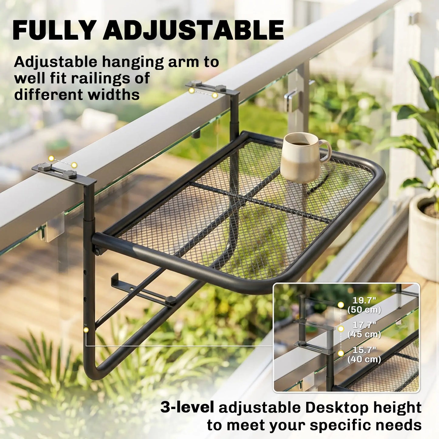 Adjustable Balcony Hanging Table, Metal Wall Desk, Outdoor Flower Stand, Black Balcony Table Hanging at Gallery Canada