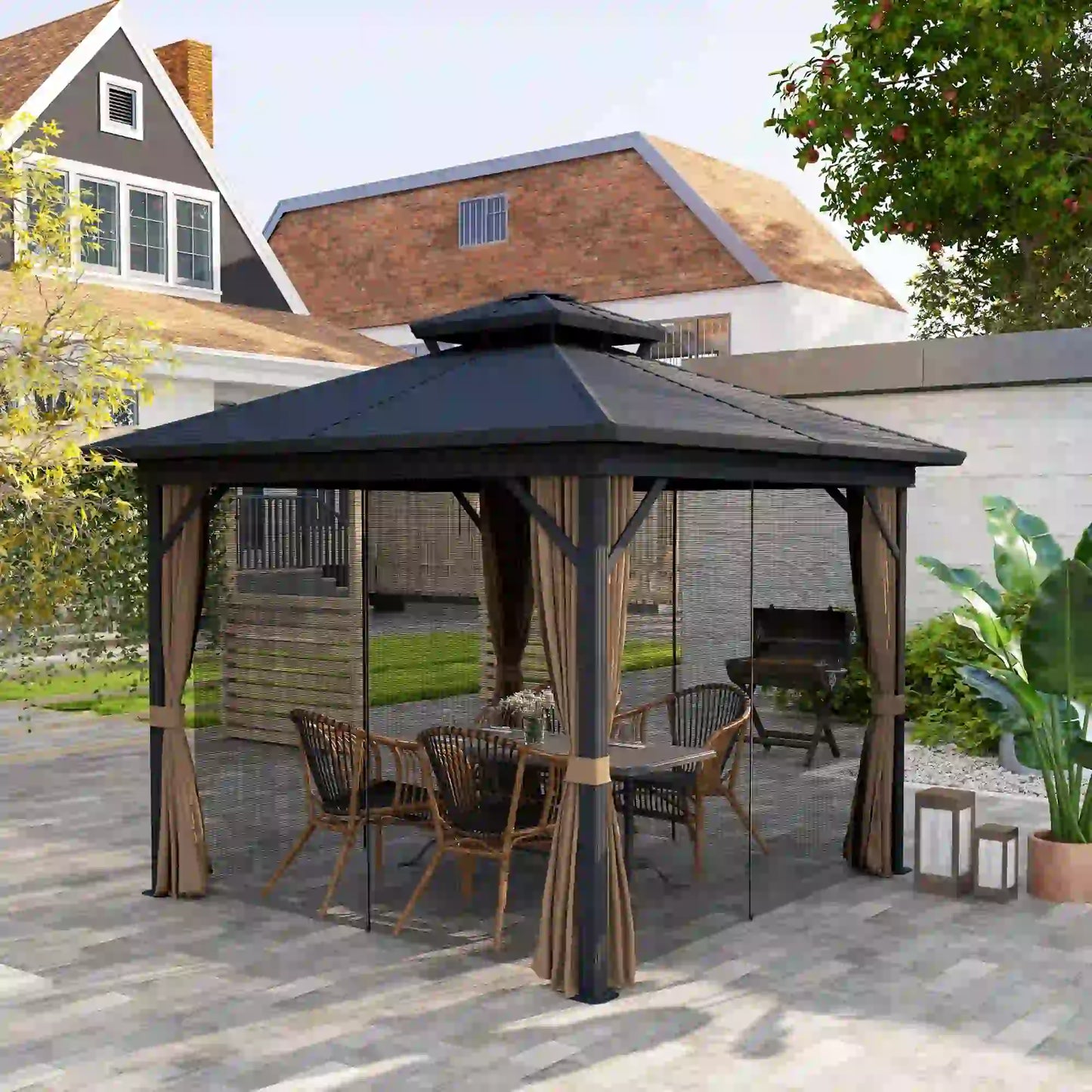10' x 10' Hardtop Gazebo, Double Tier Metal Roof, Dark Brown Gazebos at Gallery Canada