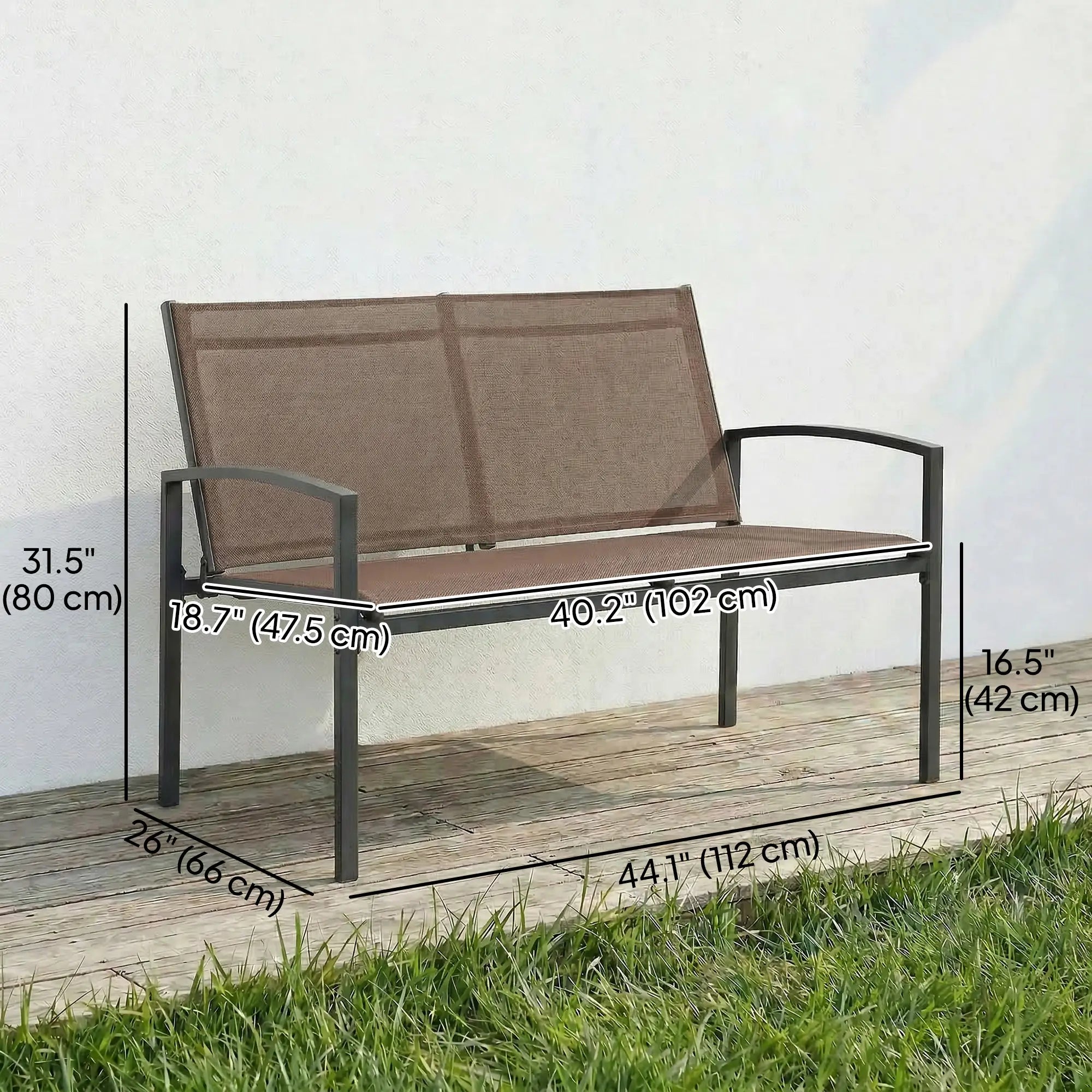 44 in Metal Garden Bench, Breathable Mesh Fabric, Dark Brown Outdoor Benches at Gallery Canada