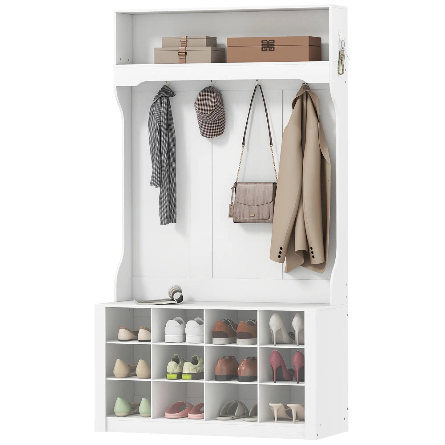 4-In-1 Hall Tree with Bench, Shoe Storage, 12 Cubbies, 6 Hooks, White Clothing Storage White at Gallery Canada