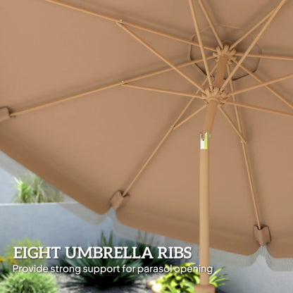 9 ft Patio Umbrella, Push Button Tilt Crank, Fringed Outdoor Market Table, Khaki Sun Umbrellas at Gallery Canada