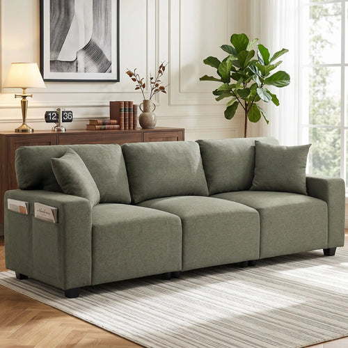 3 Seater Sofa With Storage Pockets, Modern Upholstered Couch, Green