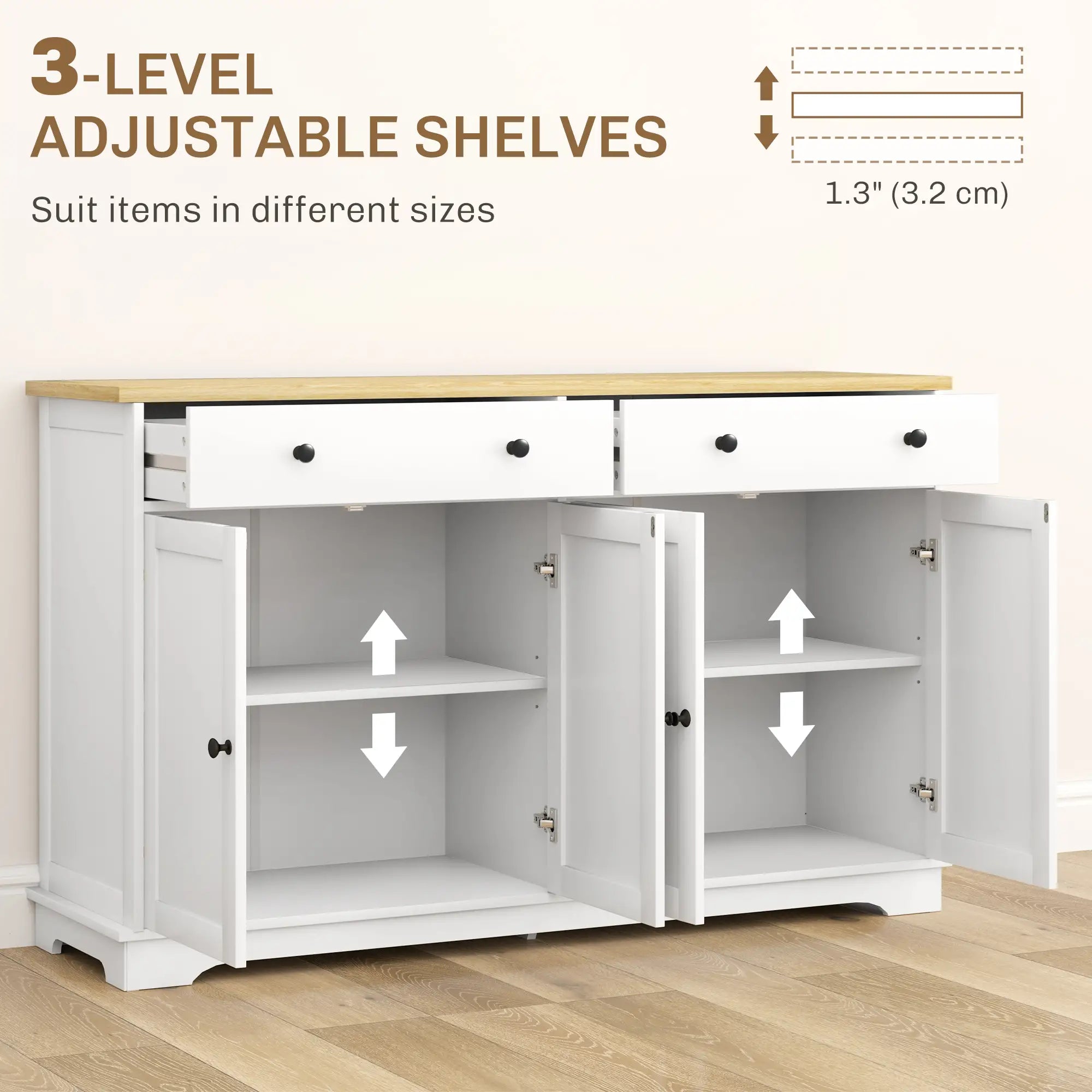 Modern Sideboard, Buffet Cabinet with Drawers, Adjustable Shelves, White Storage Cabinets at Gallery Canada