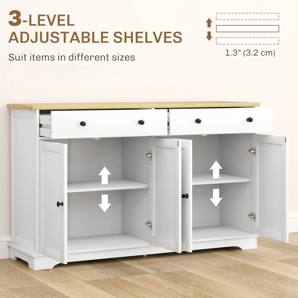 Modern Sideboard, Buffet Cabinet with Drawers, Adjustable Shelves, White Storage Cabinets at Gallery Canada