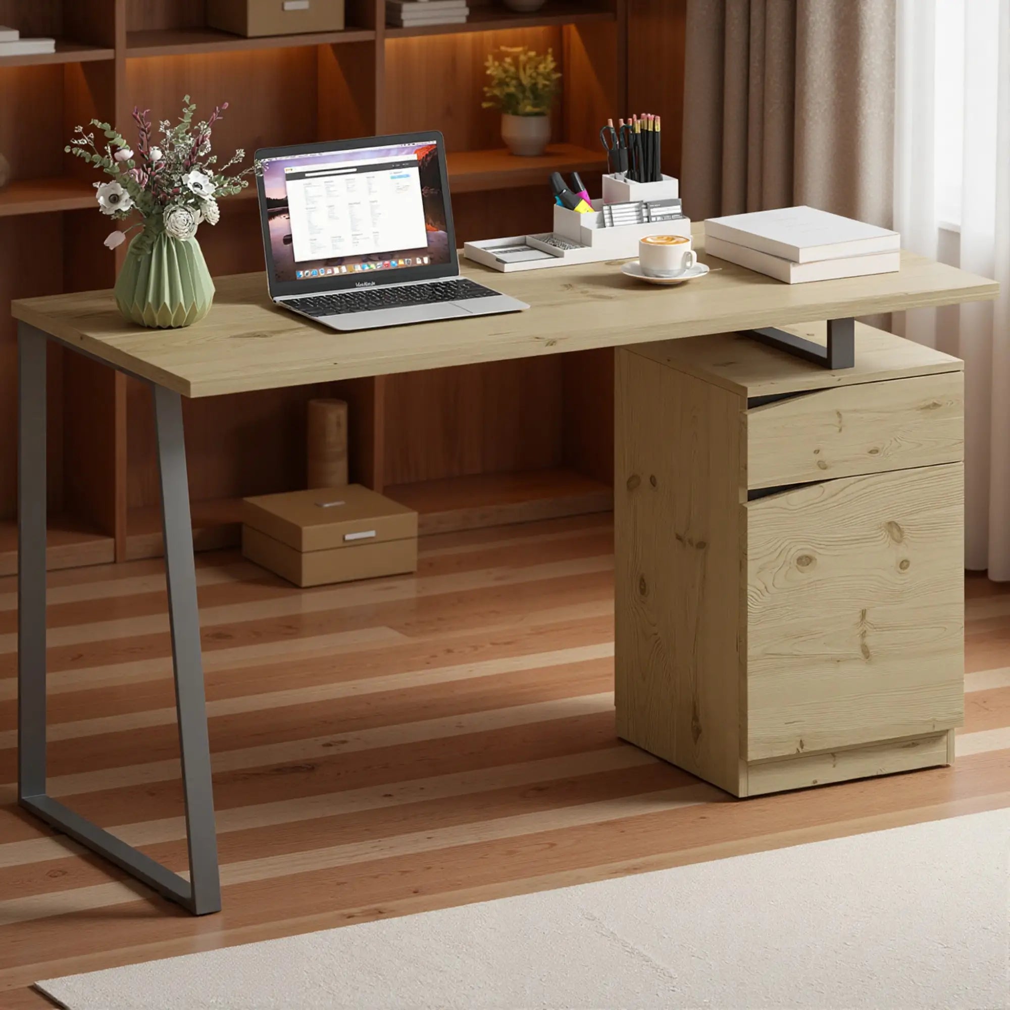 53 Inch Computer Desk, Writing Table with Cabinet, Drawer, Adjustable Shelf Office Desks & Work Stations at Gallery Canada