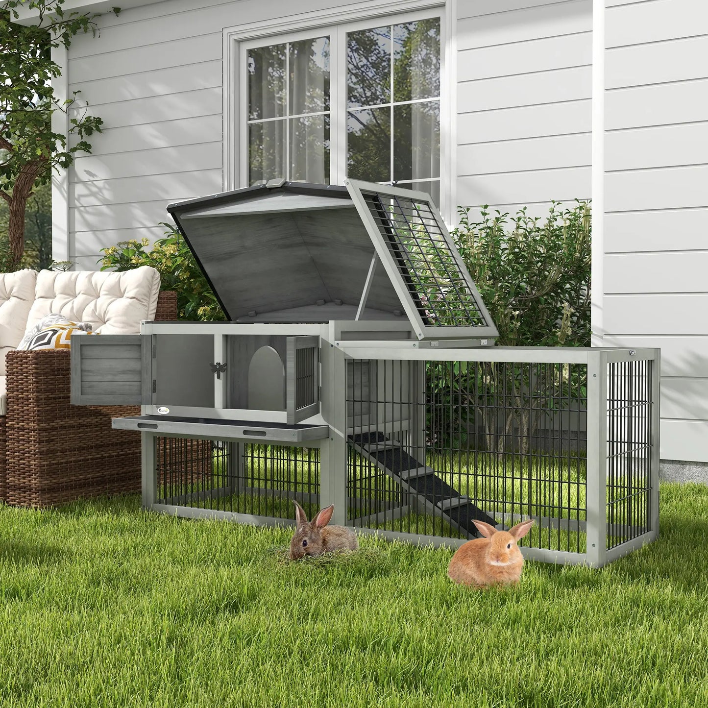 Wood Rabbit Hutch With Ramp, Openable Roof, Pull Out Tray, Light Grey Rabbit Hutch at Gallery Canada