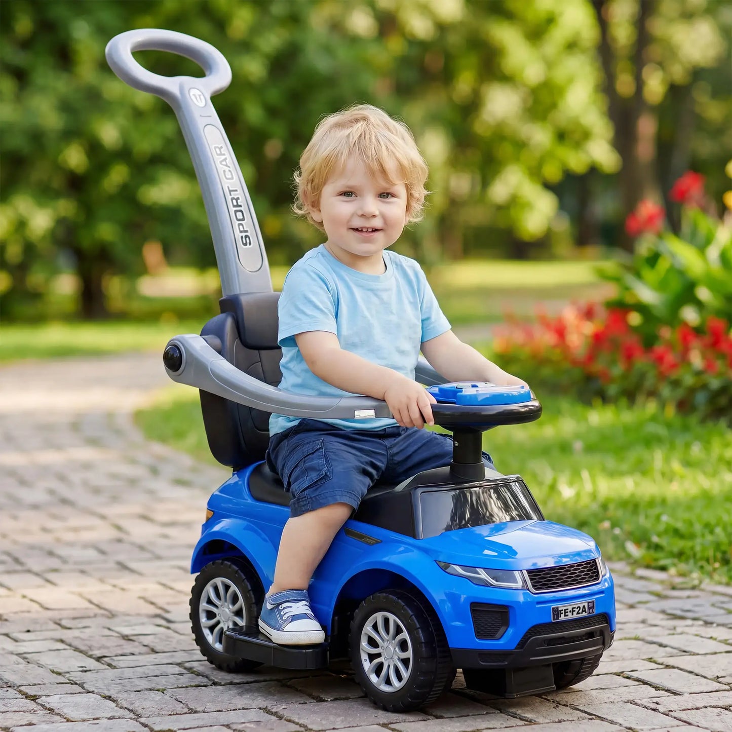2 en 1 Poussette Voiture à Pousser pour Enfant, Voiture à Glissière avec Klaxon, Musique, Lumière, Barre de Sécurité, Bleu