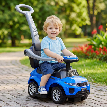 2 en 1 Poussette Voiture à Pousser pour Enfant, Voiture à Glissière avec Klaxon, Musique, Lumière, Barre de Sécurité, Bleu