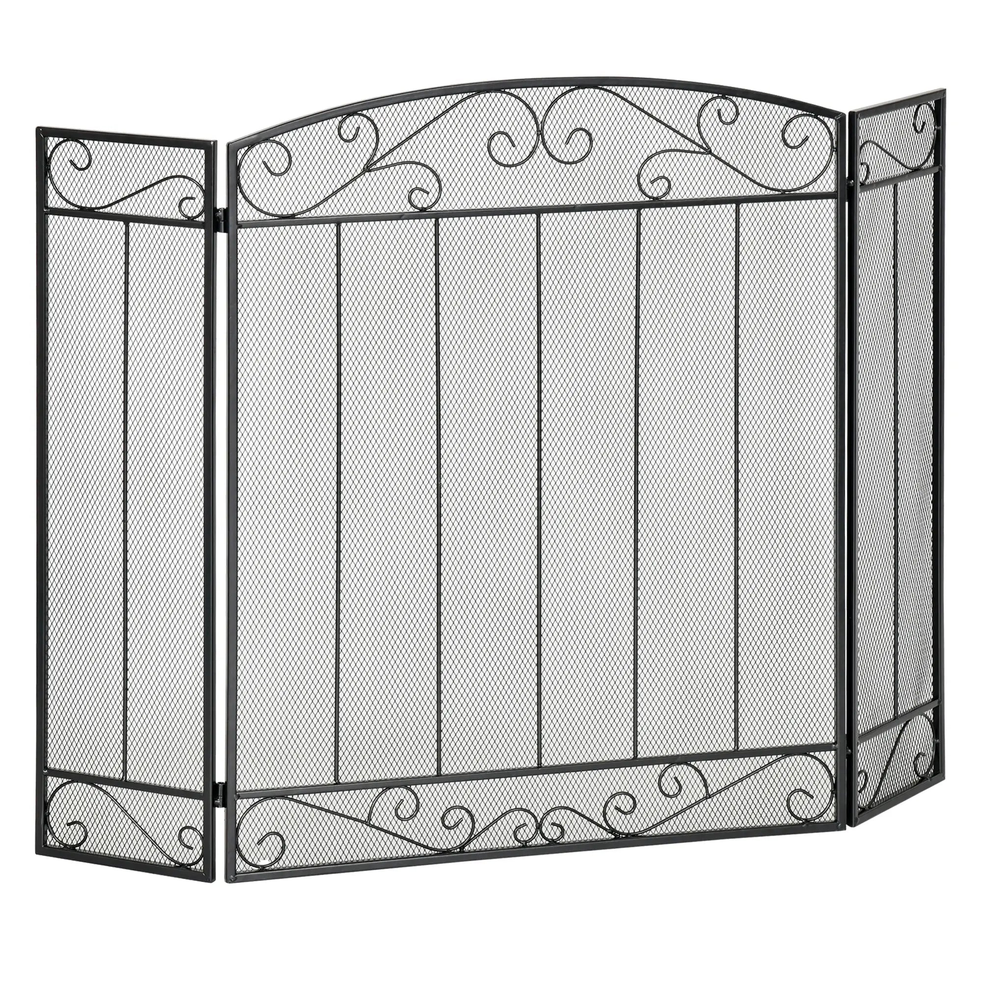 3-Panel Folding Fireplace Screen, Steel Mesh, Decorative Vine Pattern, 41.25