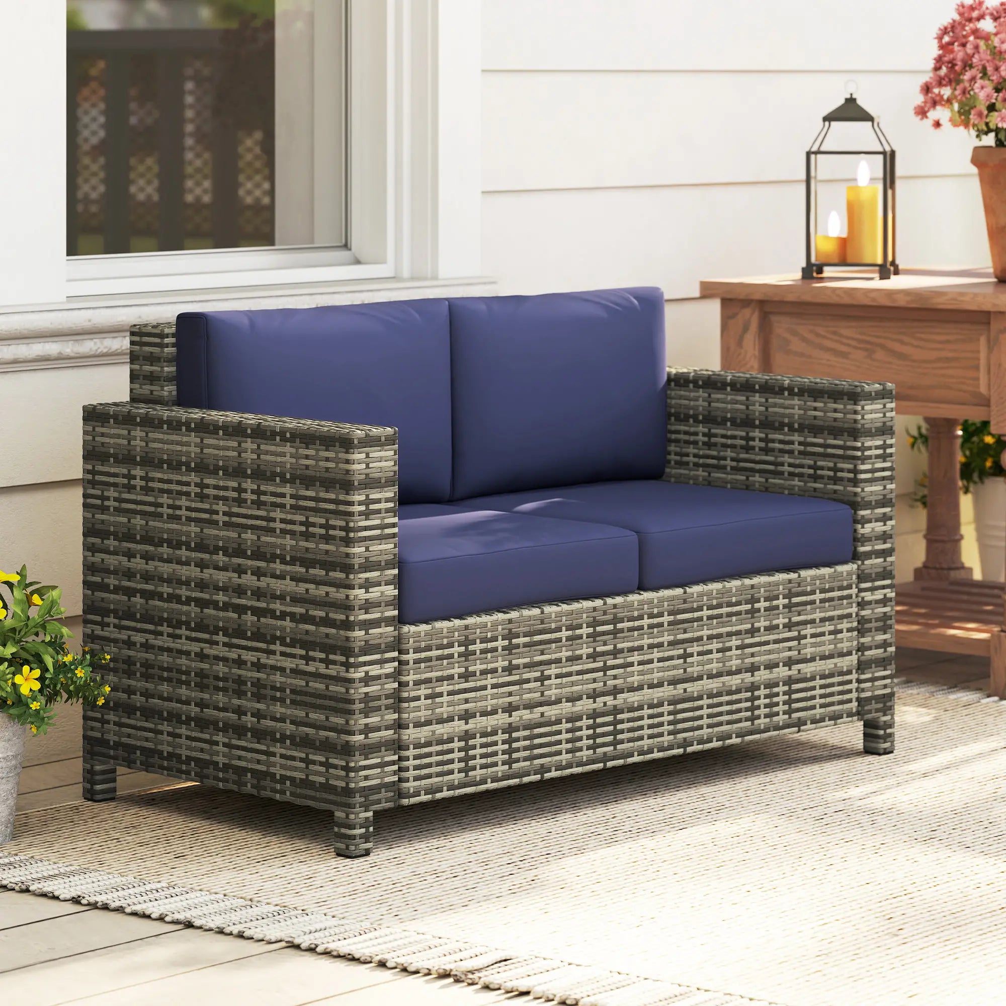 Wicker Outdoor Sofa, All Weather Patio Loveseat With Cushions, Dark Blue Patio Furniture Sets at Gallery Canada