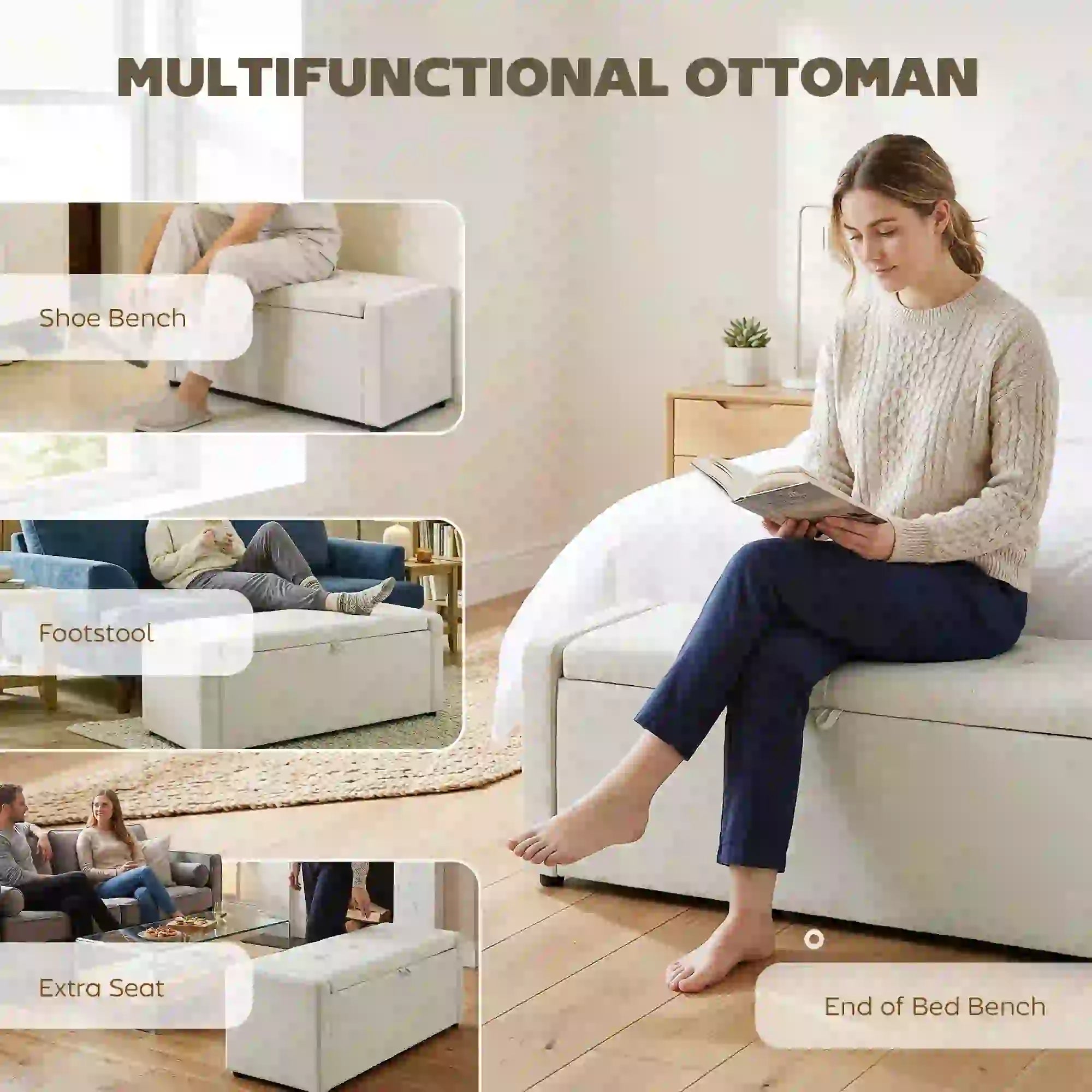 Storage Ottoman Bench, Linen Fabric, Wide Padded Seat, Cream White Storage Ottomans & Benches at Gallery Canada