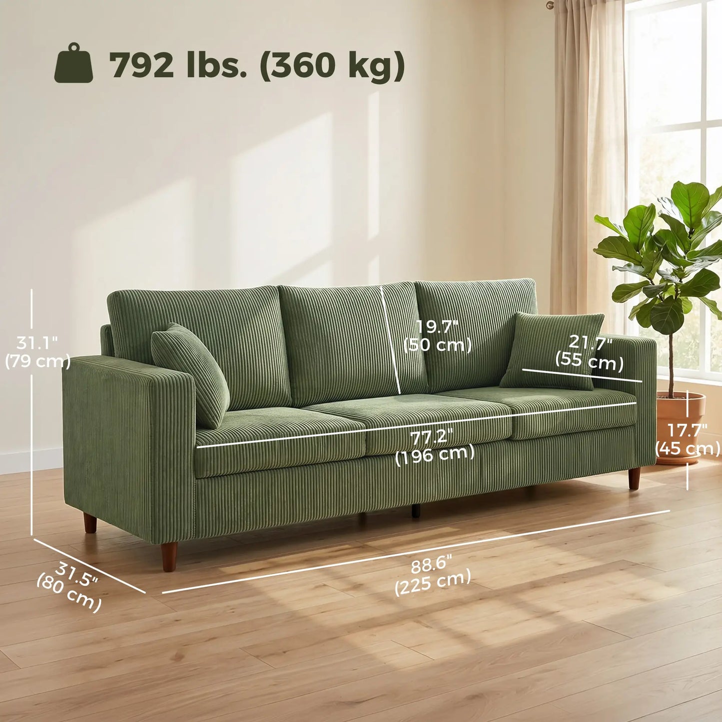 Canapé en velours côtelé 3 places, coussin à ressorts à assise profonde, vert