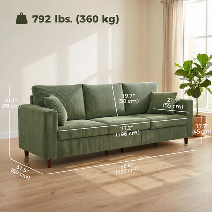 Canapé en velours côtelé 3 places, coussin à ressorts à assise profonde, vert