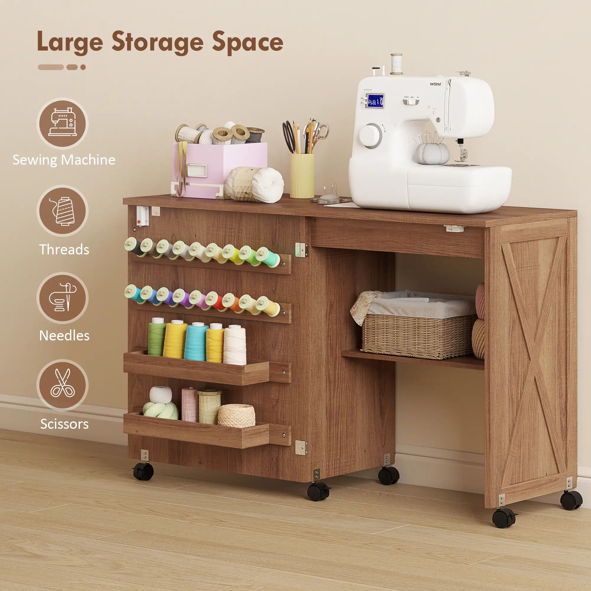 Sewing Machine Table on Wheels, Folding Craft Table with Storage, Brown Sewing Cabinets at Gallery Canada